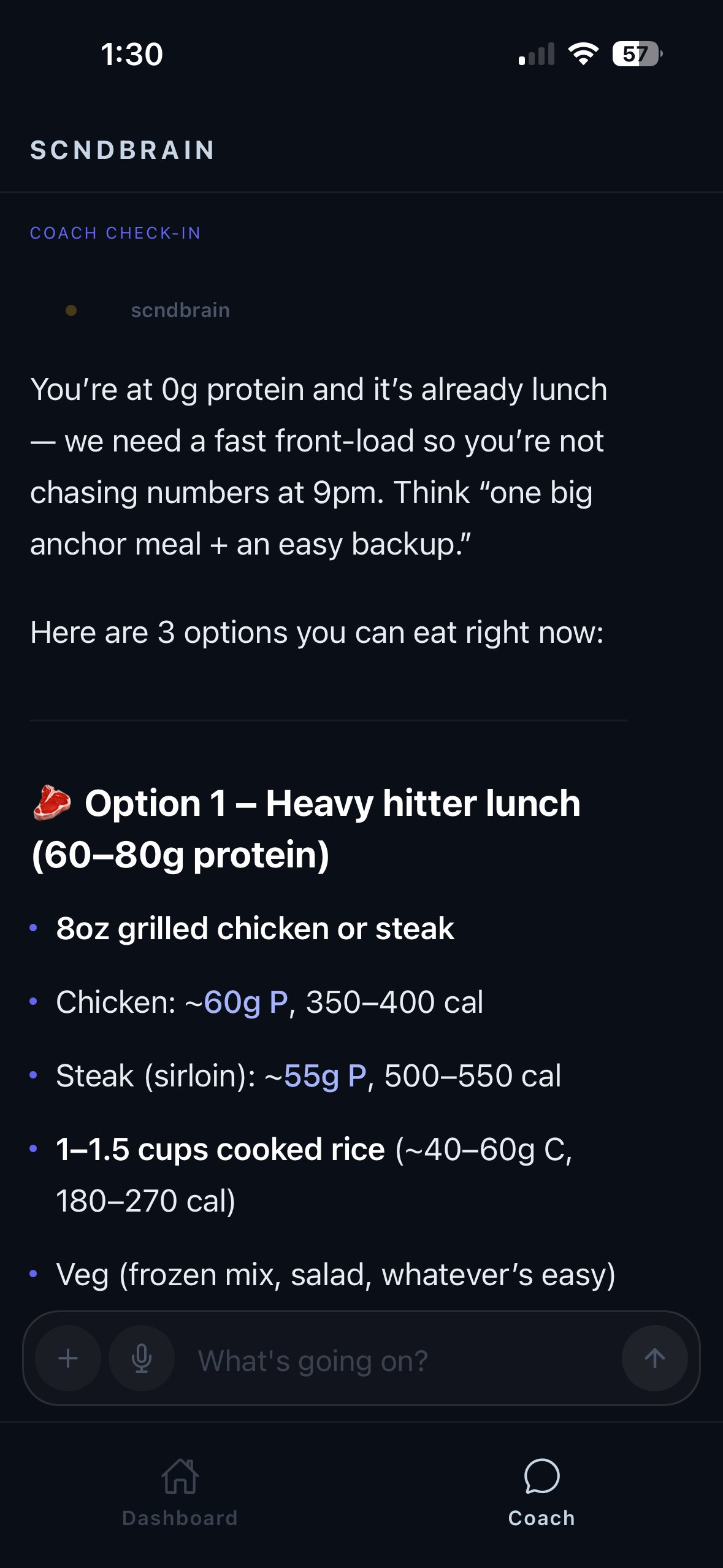 Scndbrain coach check-in with meal options