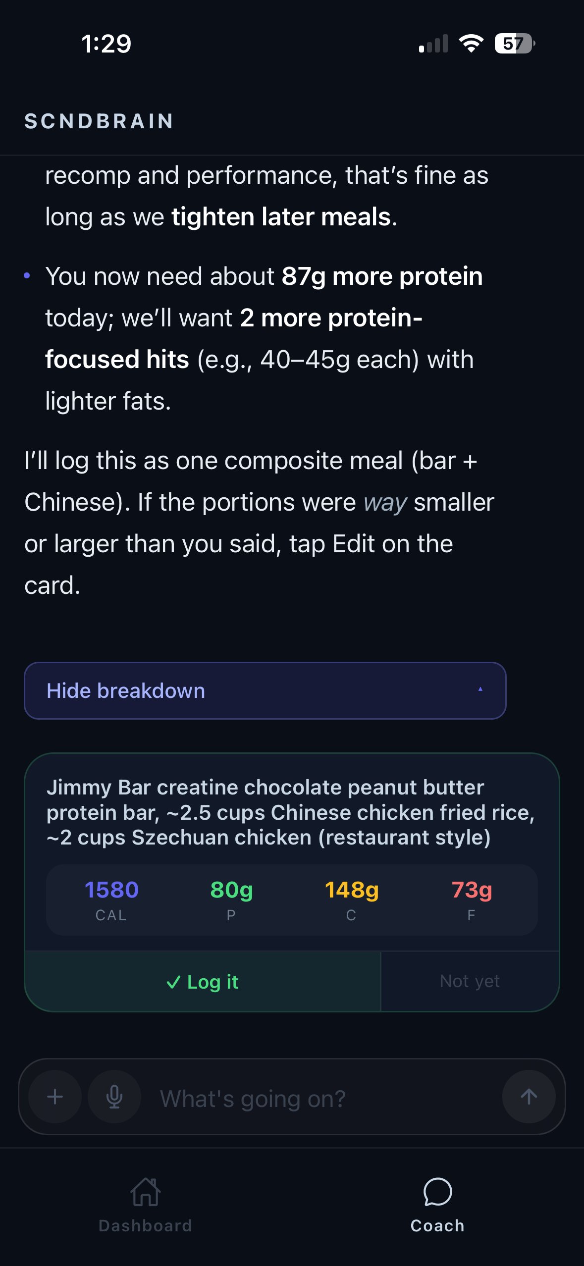 Composite meal breakdown with macros displayed